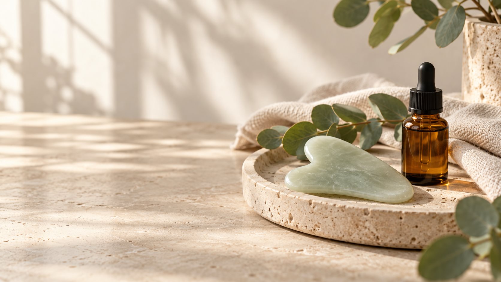Pale stone facial massage tool, amber bottle, linen, and eucalyptus in soft natural light