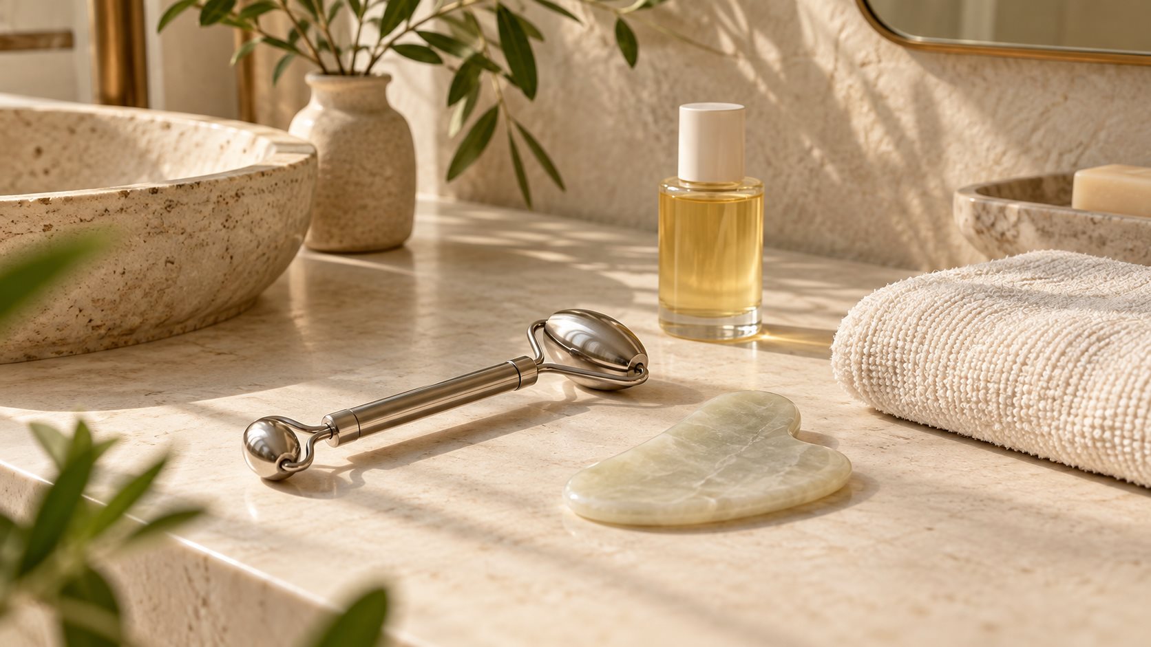 A stainless steel facial roller and pale stone gua sha tool on a sunlit cream vanity