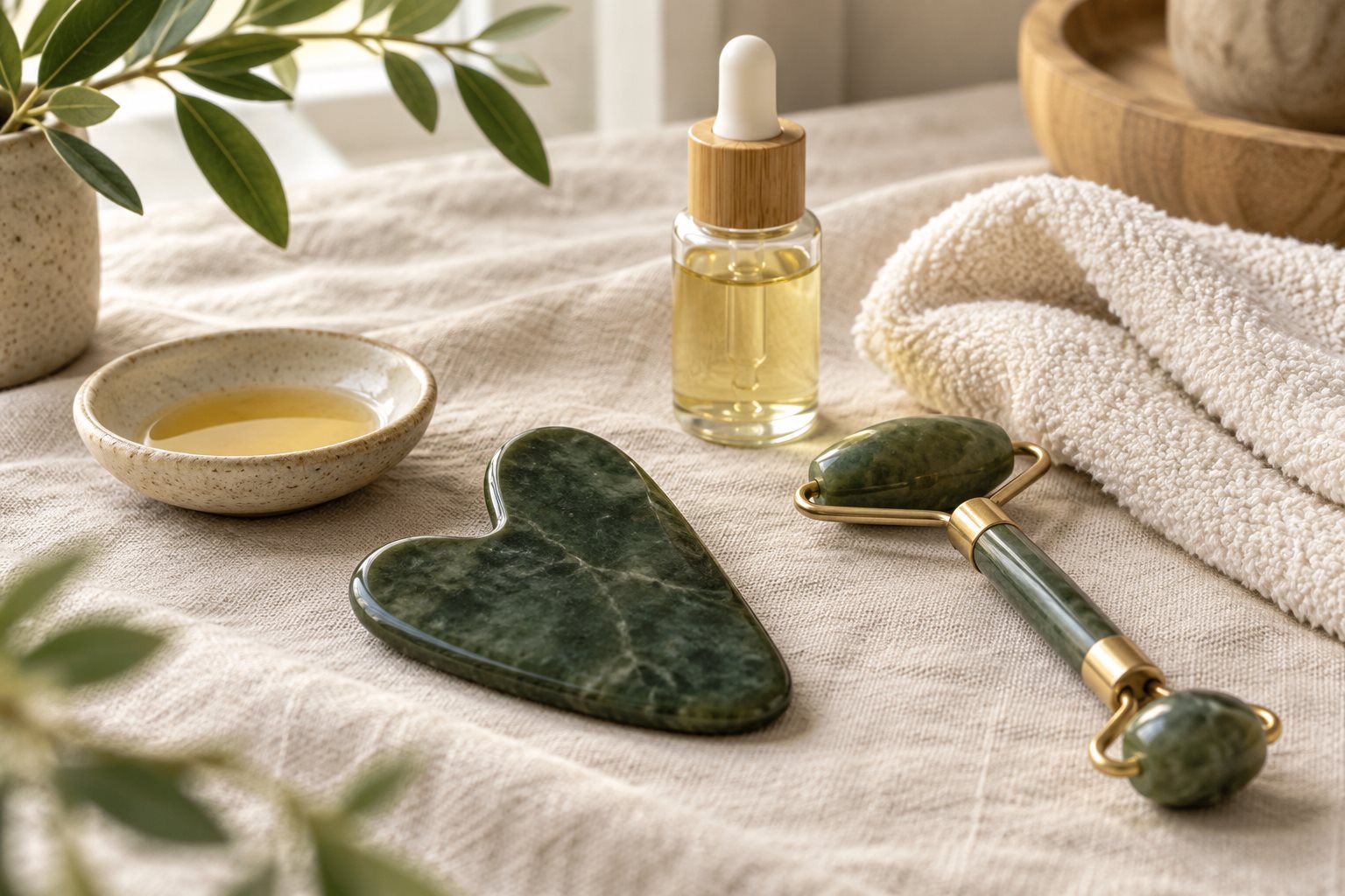 Warm natural spa photograph illustrating Gua Sha vs. Facial Massage