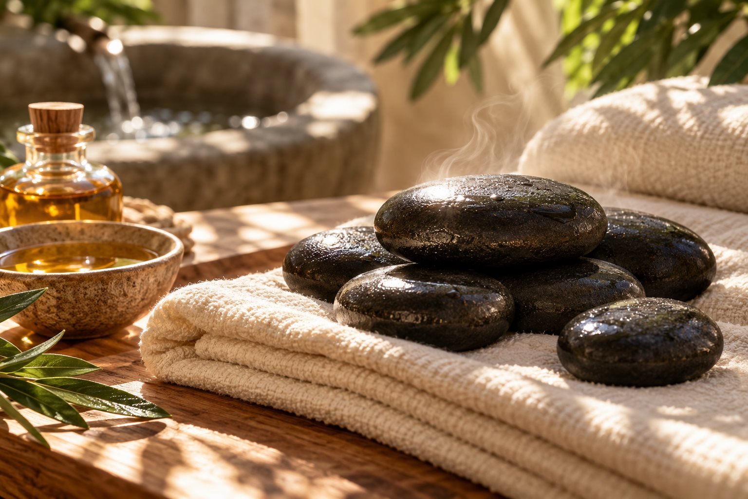 Warm natural spa photograph illustrating Hot Stone Massage Benefits