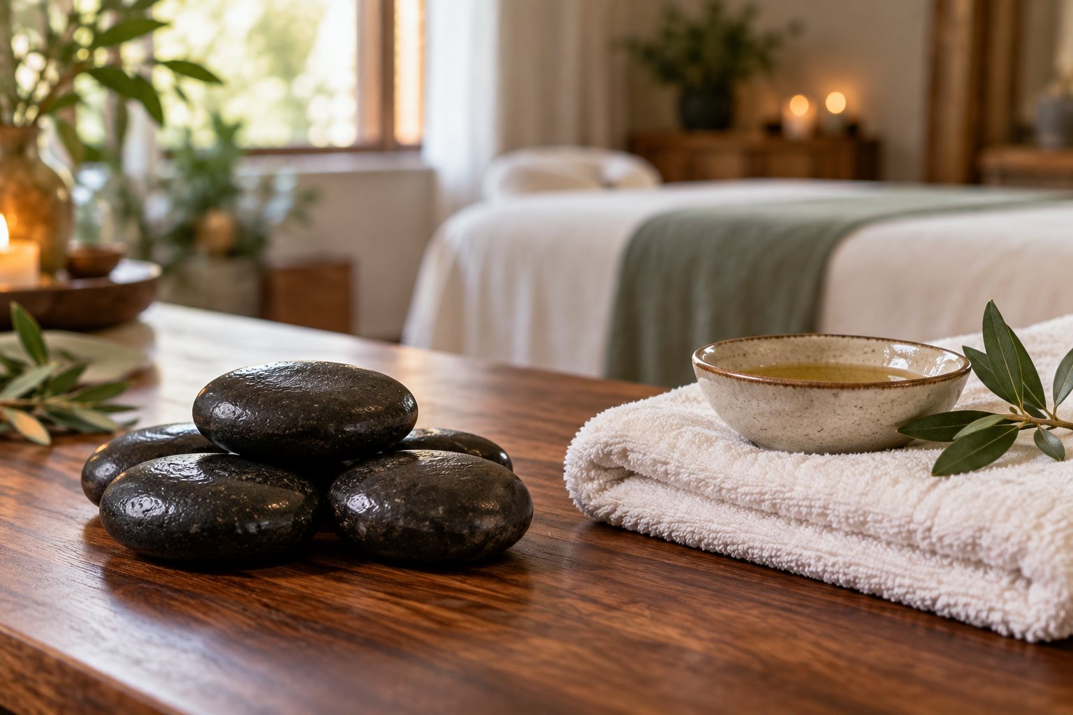 Warm natural spa photograph illustrating Hot Stone vs. Swedish Massage