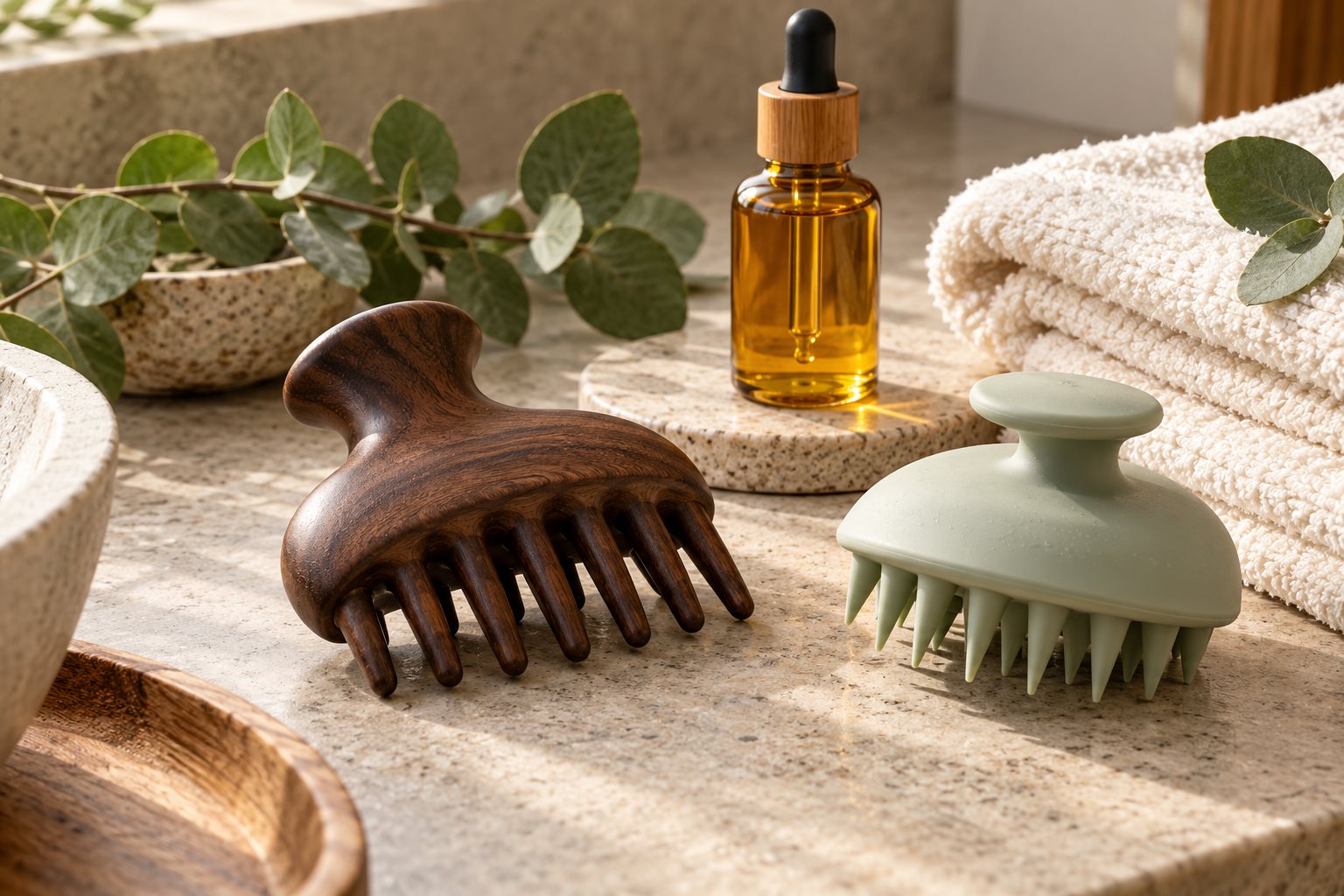 Warm natural spa photograph illustrating How to Use a Scalp Massager