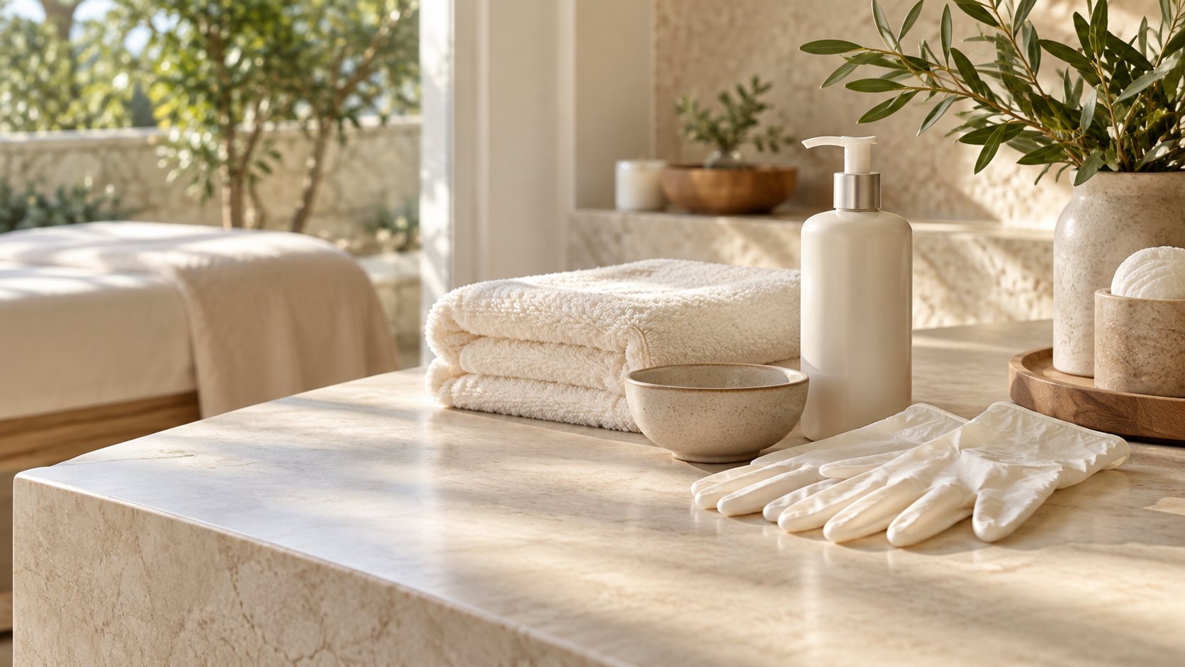 Clean disposable gloves and folded towels arranged on a sunlit spa counter