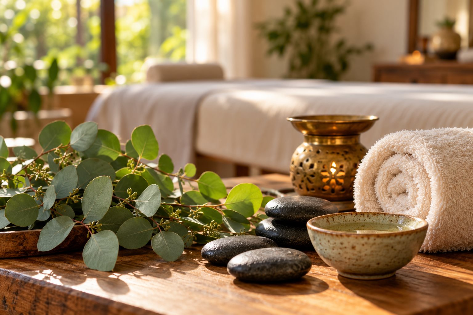 Sunlit spa still life with eucalyptus, smooth stones, and a folded towel